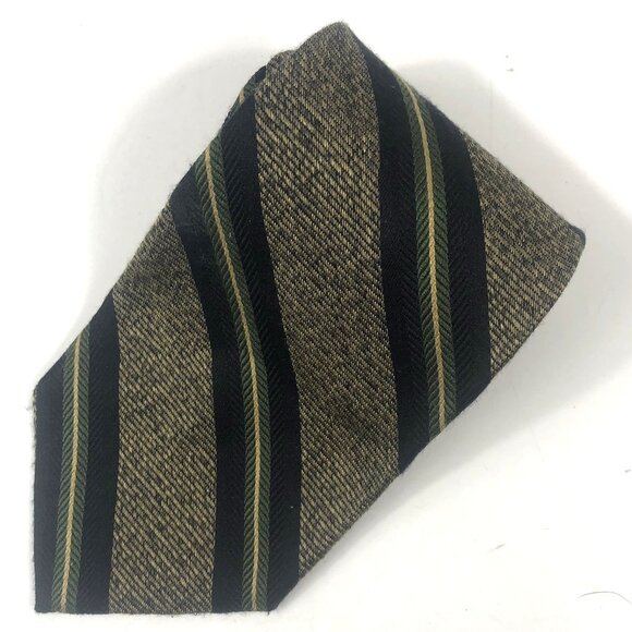Sterling & Hunt Premier Edition Pure Silk Repp Tie Black Gold Green Stripes Ital - Picture 1 of 5